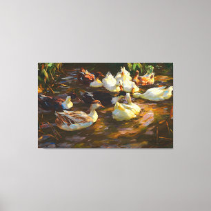 Impressão Em Tela Patos Brancos Negros Vintage Castanhos Na Lagoa