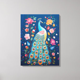 Impressão Em Tela Pavão Colorido com Penas Laranja Azul Verde