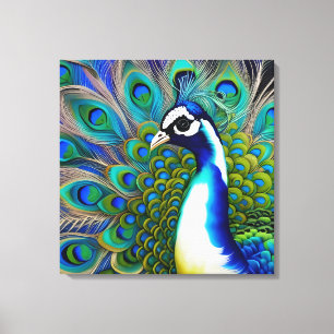 Impressão Em Tela Peacock Branco Azul e Verde