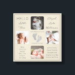 Impressão Em Tela Pegadas Fotográficas Múltiplas Foto Greige Birth K<br><div class="desc">Crie uma gravidez que seja tão única quanto seu filho precioso com este design de 4 fotos "Olá, Pequeno Um" com o nome do seu bebê, estatísticas de natalidade, nomes de pais e irmãos. No centro estão duas linhas de modelo para sua mensagem pessoal ou você pode usar a nossa....</div>