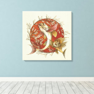 Impressão Em Tela Peixe Voador Japonês e Folhas de Bambu Arte Vintag