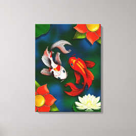 Impressão Em Tela Peixes Koi e Lotus Lily Pad Pond Brancos
