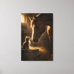 Impressão Em Tela Pequeno Amigo   Cavalo & Gatinho   Tela Esticada