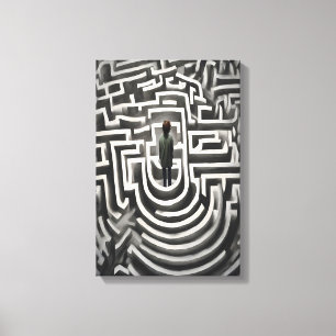 Impressão Em Tela Perdida na Arte Abstrato de Maze Preta-e-Branca