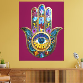 Impressão Em Tela Pétalas Coloridas Folhas Hamsa Safira Terceiro Olh