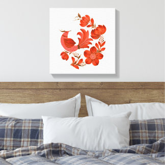 Impressão Em Tela Petrykivka Inspirado em Pássaro Vermelho e Floral