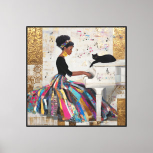 Impressão Em Tela Pianista Negra com Folha de Ouro e Gato