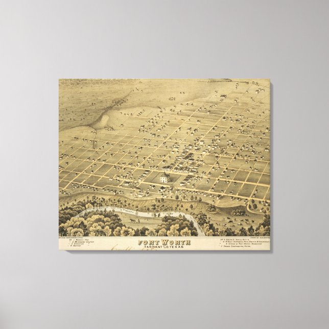 Impressão Em Tela Pictorial Map of Fort Worth Texas (1876) (Frente)