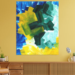 Impressão Em Tela Pinceladas Abstratas Azuis, Verdes e Amarelas