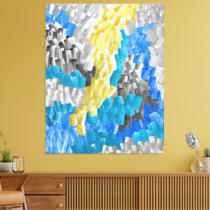 Impressão Em Tela Pinceladas Abstratas em Amarelo, Azul e Cinza
