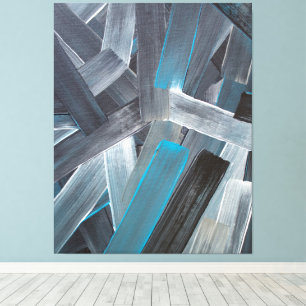 Impressão Em Tela Pinceladas Abstratas em Azul, Cinza e Preto