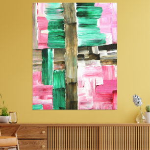 Impressão Em Tela Pinceladas Abstratas em Verde, Rosa e Marrom