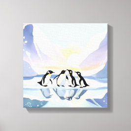 Impressão Em Tela Pinguins Aquarela de Inverno | Neve e Gelo Fofo