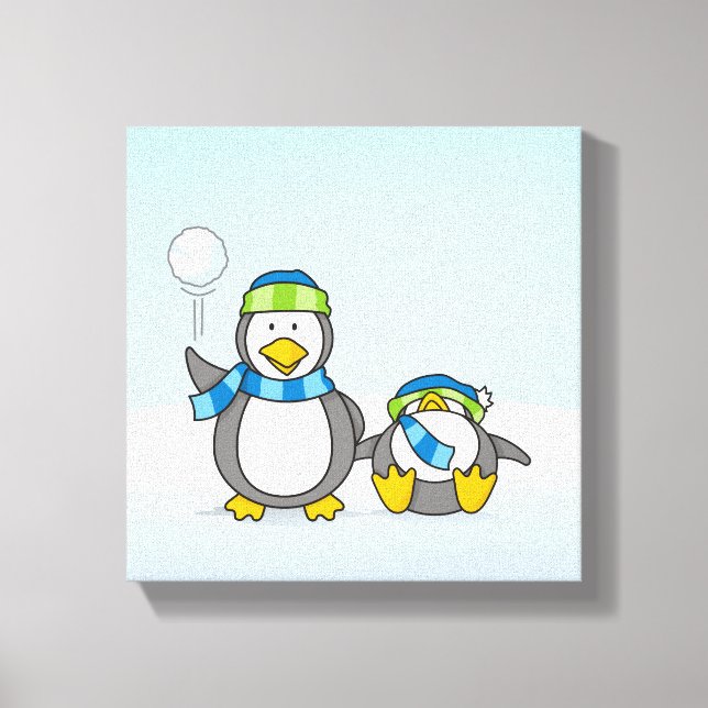 Impressão Em Tela Pinguins jogando bolas de neve (Frente)
