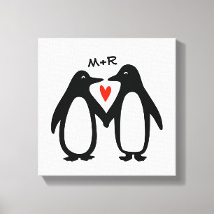 Impressão Em Tela Pinguins Segurando Mãos Iniciais Personalizadas d