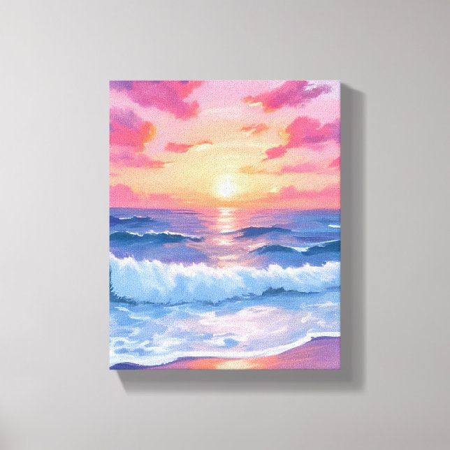 Impressão Em Tela Pink Ocean Waves Sunset Watercolor (Frente)