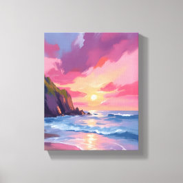 Impressão Em Tela Pink Sunset Ocean Beach Waves Watercolor
