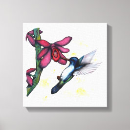Impressão Em Tela pintura a aquarela voando beija-flor e orquídea