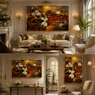 Impressão Em Tela Pintura a Óleo da Volta das Grous Lótus Dourado