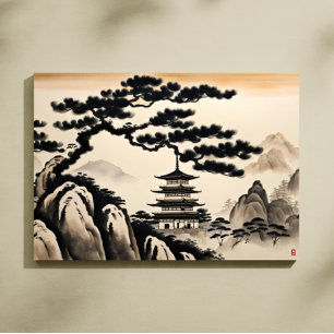 Impressão Em Tela Pintura a Tinta da Paisagem Japonesa
