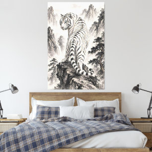 Impressão Em Tela Pintura a Tinta do Tigre Branco no Penhasco da Mon