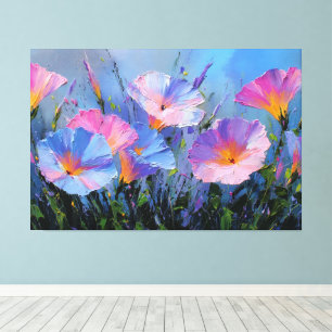 Impressão Em Tela Pintura Abstrata da Madressilva Rosa e Azul na Par