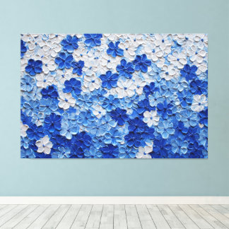Impressão Em Tela Pintura Abstrata de Flores em Azul e Branco com Im
