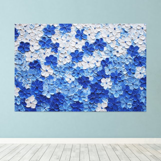 Impressão Em Tela Pintura Abstrata de Flores em Azul e Branco com Im (Insitu(piso de madeira))