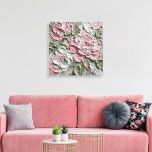 Impressão Em Tela Pintura Abstrata Floral com Impasto - Rosa Bege