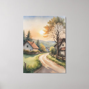 Impressão Em Tela pintura aquosa de casas e estrada