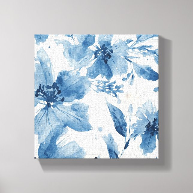 Impressão Em Tela Pintura Botânica Caprichosa Floral Aquarela Azul (Frente)