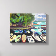 Pintura clássica, paisagem com barcos no mar