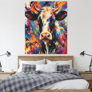 Impressão Em Tela Pintura Colorida e Abstrata de Vaca com Borboletas