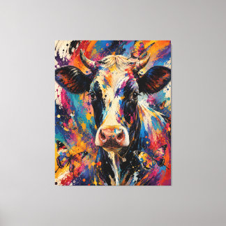 Impressão Em Tela Pintura Colorida e Abstrata de Vaca com Borboletas