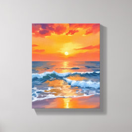 Impressão Em Tela Pintura da Praia do Oceano ao Pôr do Sol na Hora D