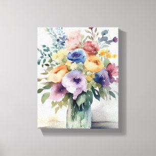 Impressão Em Tela Pintura de Buquê Floral em Aquarela