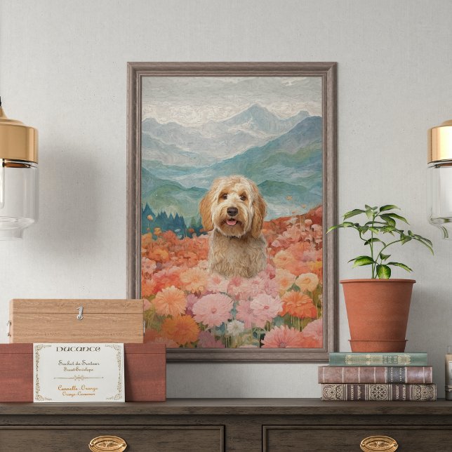 Impressão Em Tela Pintura de Cachorro Campo de flores Joyful (dog lovers, art enthusiasts, creativity, Doodle Dog Painting, Field of Flowers, Joyful Canvas Print,)