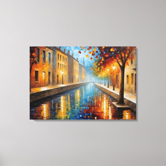 Impressão Em Tela pintura de canal com árvores e edifícios (Frente)