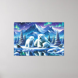 Impressão Em Tela Pintura de Cena Neve da Família Polar Bear