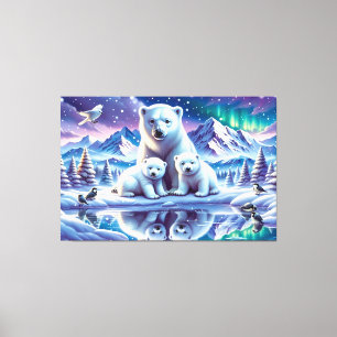 Impressão Em Tela Pintura de Cena Neve da Família Polar Bear