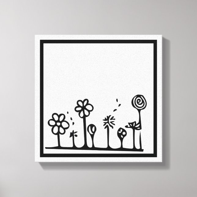 Impressão Em Tela Pintura de Desenho de Flor Preta e Branca (Frente)