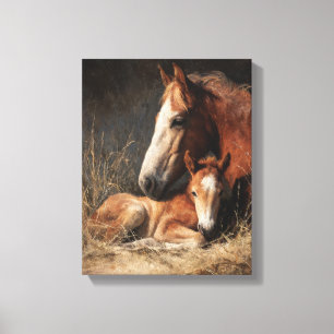 Impressão Em Tela Pintura de Égua Castanha e Potro