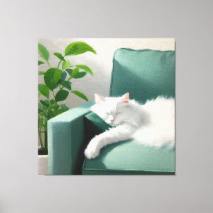 Impressão Em Tela Pintura de Gato Dormindo em um Golpe Verde