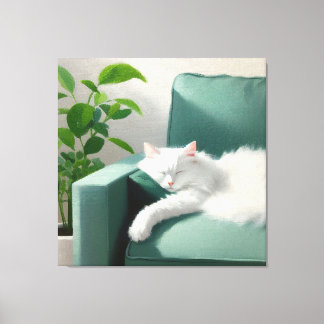 Impressão Em Tela Pintura de Gato Dormindo em um Golpe Verde