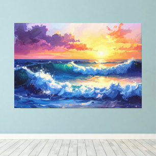 Impressão Em Tela Pintura de ondas no pôr do sol nascer do sol 002