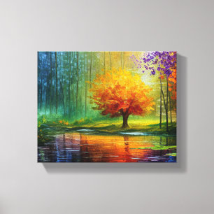 Impressão Em Tela Pintura de Paisagem Tranquila: Árvore Colorida