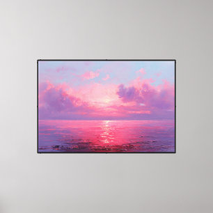 Impressão Em Tela Pintura de Reflexão do Oceano ao Pôr do Sol Rosa –
