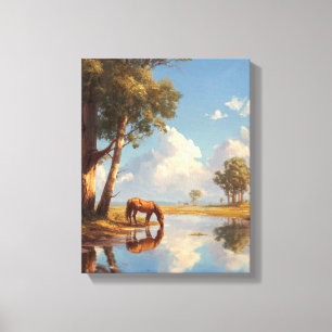 Impressão Em Tela Pintura de Reflexo do Cavalo no Lago Ensolarado
