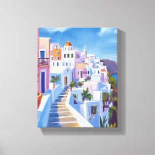 Impressão Em Tela Pintura de Santorini Grécia Aquarela Viagem