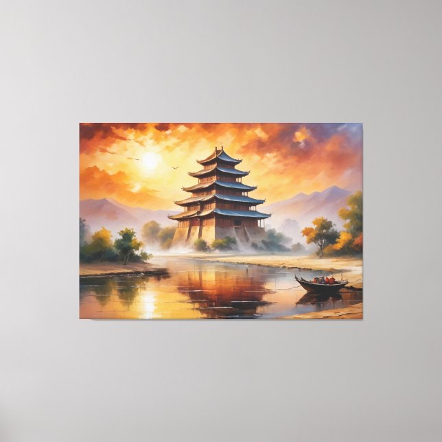 Impressão Em Tela pintura de um edifício pagoda por um rio (Frente)